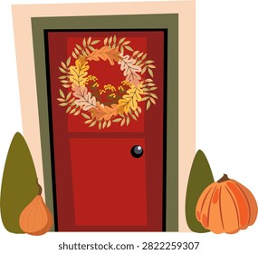 Flat vector illustration of a red front door decorated with an autumn wreath, oak leaves, branches, pumpkin, onion and shrubs. Cozy seasonal home entrance for fall and Thanksgiving designs