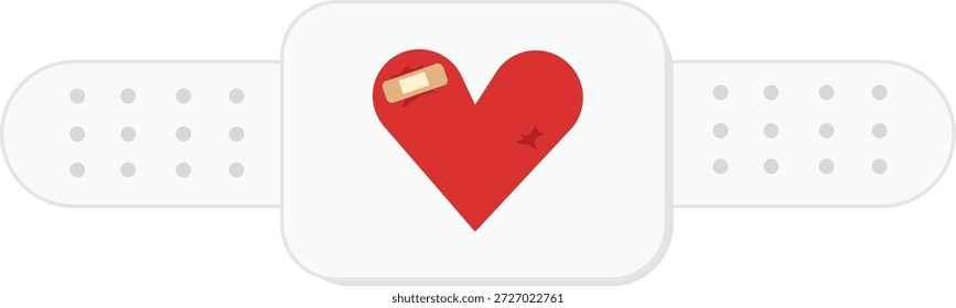 Flache Vektorgrafik eines roten Herzens mit einem kleinen Verband in der Mitte eines Klebepflasters. Dieses Design symbolisiert Heilung, Fürsorge, Liebe, Erholung und emotionale oder körperliche Gesundheit.