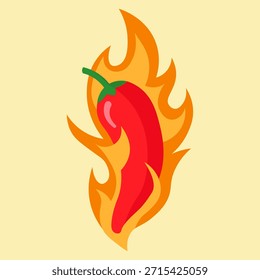 Ilustración vectorial plana de un chile picante rojo envuelto en llamas de naranja. Perfecto para la marca de comida picante, menús de cocina mexicana, logotipos de restaurantes e indicadores de nivel de calor
