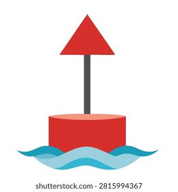A flat vector illustration of a red maritime navigational buoy with a triangular top mark floating on stylized blue waves isolated on white background