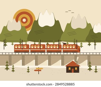 Flat vector illustration: Red mountain train crossing a stone arch viaduct in the snowy Swiss Alps