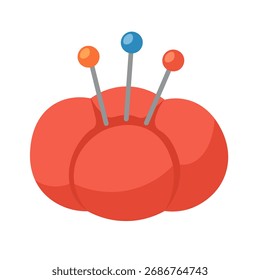 Flat vector illustration of a red pincushion with colorful pins, isolated simple design, creative cartoon clipart.