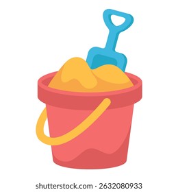 Flat vector illustration of a red sand bucket with yellow sand and blue shovel. Summer beach toy isolated on white background for kids-themed designs, posters, or educational materials