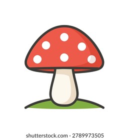 A flat vector illustration of a red toadstool mushroom with white spots standing on a small patch of green grass.