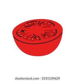 Flat vector illustration of red tomato half with visible seeds.
 in hand drawn doodle style