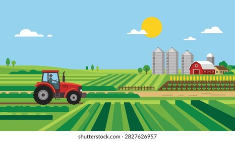 A flat vector illustration of a red tractor working on a green farm field with silos, a barn, and a bright sun in the blue sky.