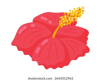 Ilustração vetorial plana de uma flor tropical vermelha com cinco pétalas e um estame amarelo, provavelmente um hibisco. Ideal para o verão, flora exótica ou temas de jardim. Adiciona beleza natural vibrante e decorativa.