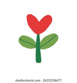 vetor plano ilustração de uma flor vermelha tulipa em forma de coração com base de folha verde, estilizado para arte de crianças sazonais e ícones florais