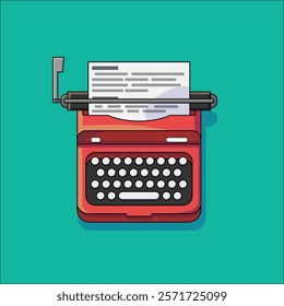 Flat vector illustration of a red vintage typewriter with paper on a teal background. Ideal for editorial design, writing blogs, retro-themed projects, or literacy and storytelling visuals.