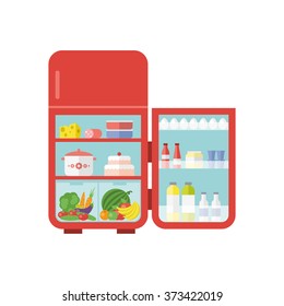 Flat vector illustration - red vintage outdoor refrigerator with food isolated on white background.