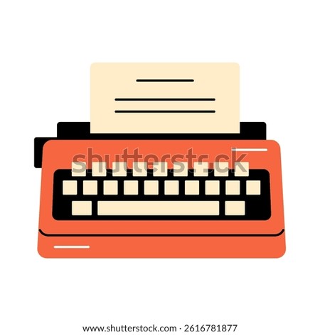 Flat vector illustration of a red vintage typewriter with paper. Perfect for retro writing, literature, journalism, and creative design themes.