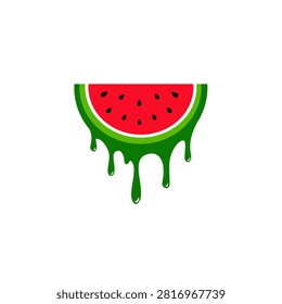 Flat vector illustration of a red watermelon slice with a creative green melting or dripping effect