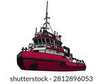 Flat vector illustration of a red and white tugboat with detailed deck structures and antenna, isolated on a transparent background. Ideal for maritime and shipping content, harbor operations graphics, transportation designs, and nautical educational materials.