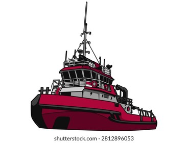 Flat vector illustration of a red and white tugboat with detailed deck structures and antenna, isolated on a transparent background. Ideal for maritime and shipping content, harbor operations graphics, transportation designs, and nautical educational materials.