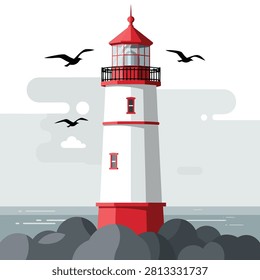A flat vector illustration of a red and white lighthouse standing on dark rocks with seagulls flying in the background.
