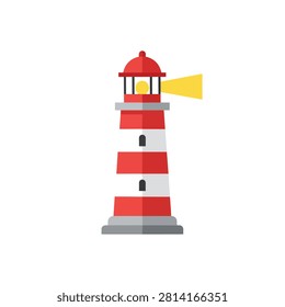 Flat Vector Illustration of a Red and White Striped Lighthouse with Glowing Yellow Beacon Light