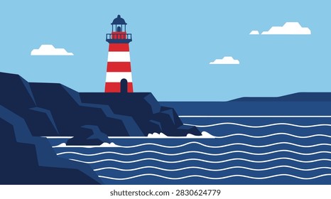 A flat vector illustration of a red and white striped lighthouse standing on a dark rocky cliff overlooking a calm blue ocean under a clear sky.