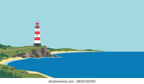 A flat vector illustration of a red and white striped lighthouse standing on a rocky cliff overlooking a calm blue ocean.