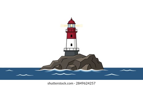 A flat vector illustration of a red and white lighthouse on a rocky islet.