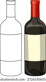 A flat vector illustration of a red wine bottle beside its black and white outline