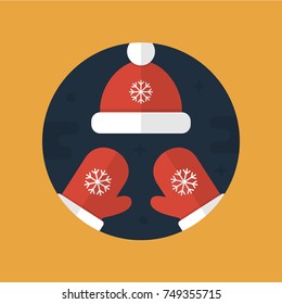 Flat Vector Illustration of Red Winter Hat and Gloves with Snowflakes