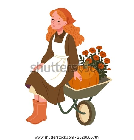 Flat vector illustration of a red-haired girl in a brown dress and white apron sitting on a wheelbarrow filled with autumn flowers and a pumpkin. Cozy fall harvest scene, perfect for ,Thanksgiving