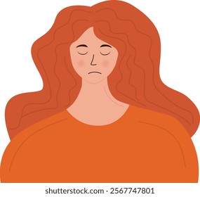  Flat Vector Illustration of a Red-Haired Woman with Closed Eyes in Calm Expression