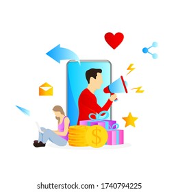 flat vector illustration refer a friend with megaphone for poster advertisement