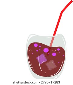 A flat vector illustration of a refreshing dark cocktail or cola in a glass with purple bubbles, ice cubes, and a red straw. This modern graphic is perfect for bar menus, summer party designs, and beverage branding.