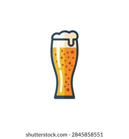 Flat vector illustration of a refreshing tall glass of cold lager beer with foam and bubbles on white