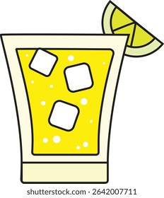 Flat Vector Illustration of Refreshing Yellow Citrus Drink with Ice Cubes and Lime Slice for Summer Beverage Design