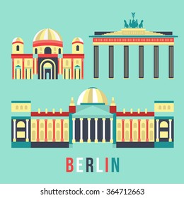 Flat vector Illustration Reichstag in Berlin, Berlin Cathedral, Brandenburg Gate, Berlin wall, Germany