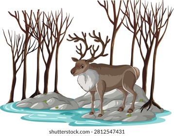A flat vector illustration of a reindeer standing on rocks near water and leafless trees