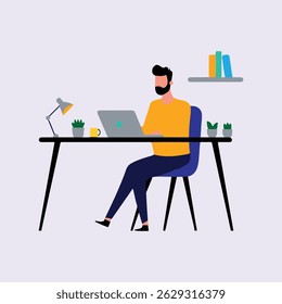Flat vector illustration of remote worker at home desk with laptop, coffee, indoor plants