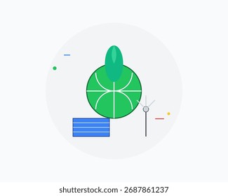 Flat vector illustration of renewable energy concept with globe, leaf, solar panel, and wind turbine. Modern design for sustainability, eco-friendly projects, and clean energy.