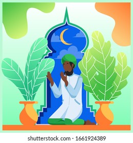 Flat Vector Illustration Representing A Black Hand Praying Muslim Man Sitting in Mosque Wearing Middle Eastern Praying Dress