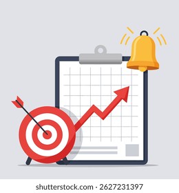 Flat vector illustration representing business goals, progress tracking with a chart and target, and notifications via a bell. Project success and achievement icon