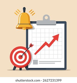 Flat vector illustration representing business goals, progress tracking with a chart and target, and notifications via a bell. Project success and achievement icon