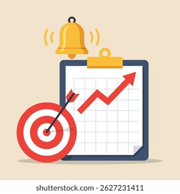 Flat vector illustration representing business goals, progress tracking with a chart and target, and notifications via a bell. Project success and achievement icon