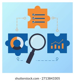Flat vector illustration representing business analysis, problem solving, and strategic research, Three connected puzzle pieces display key business elements.