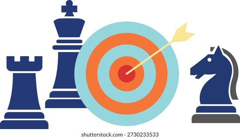Ilustración vectorial plana que representa la estrategia empresarial, la planificación y el concepto de logro de objetivos con piezas de ajedrez que rodean un tablero objetivo y una flecha que golpea la diana. Este diseño moderno y limpio simboliza el pensamiento estratégico, el liderazgo, la competencia, el éxito, el enfoque y la toma de decisiones. Bueno para presentaciones de negocios, contenido de estrategia corporativa, visuales de marketing, conceptos de gestión, infografías y planificación de startups. Aislado sobre fondo blanco con estilo de Vector editable.