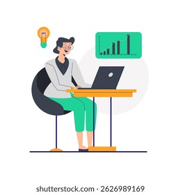 Flat vector illustration representing data analytics with charts, graphs, and abstract data streams. Suitable for illustrating data analysis and business intelligence concepts.