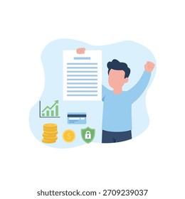 A flat vector illustration representing financial success and loan approval. A cheerful young man is holding a document with a large 'Approved' stamp, celebrating his achievement. He is surrounded by 
