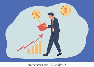 Eine flache Vektorgrafik, die Finanzstrategie und Investitionen darstellt. Ein entschlossener Geschäftsmann im Anzug hält einen roten Eimer und sammelt oder verwaltet scheinbar Geld