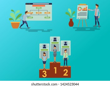 Flat Vector Illustration Representing The Flow of the Marketing Staff Work Process Which Includes Job Distribution, Strategy Presentation, and Achievement of Work