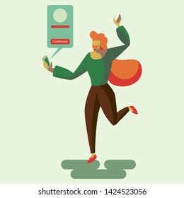 Flat Vector Illustration Representing A Happy Woman to Get a Confirmation Notification from Her Phone