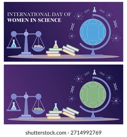 Ilustração vetorial plana representando o Dia Internacional das Mulheres e Meninas na Ciência, O design destaca a importância da igualdade de gênero, inclusão e acesso igualitário à educação CTEM