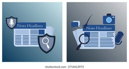 Ilustração vetorial plana representando jornalismo investigativo, segurança da informação da mídia e reportagem de notícias em manchete.