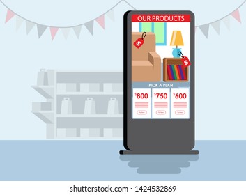 Flat Vector Illustration Representing a Kiosk Screen Displays Some Product Choices in a Shop