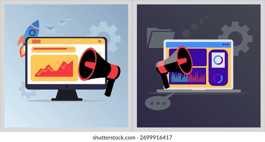 Flat vector illustration representing modern digital marketing strategy. Features a monitor or laptop with analytical dashboard (charts, data visualization)